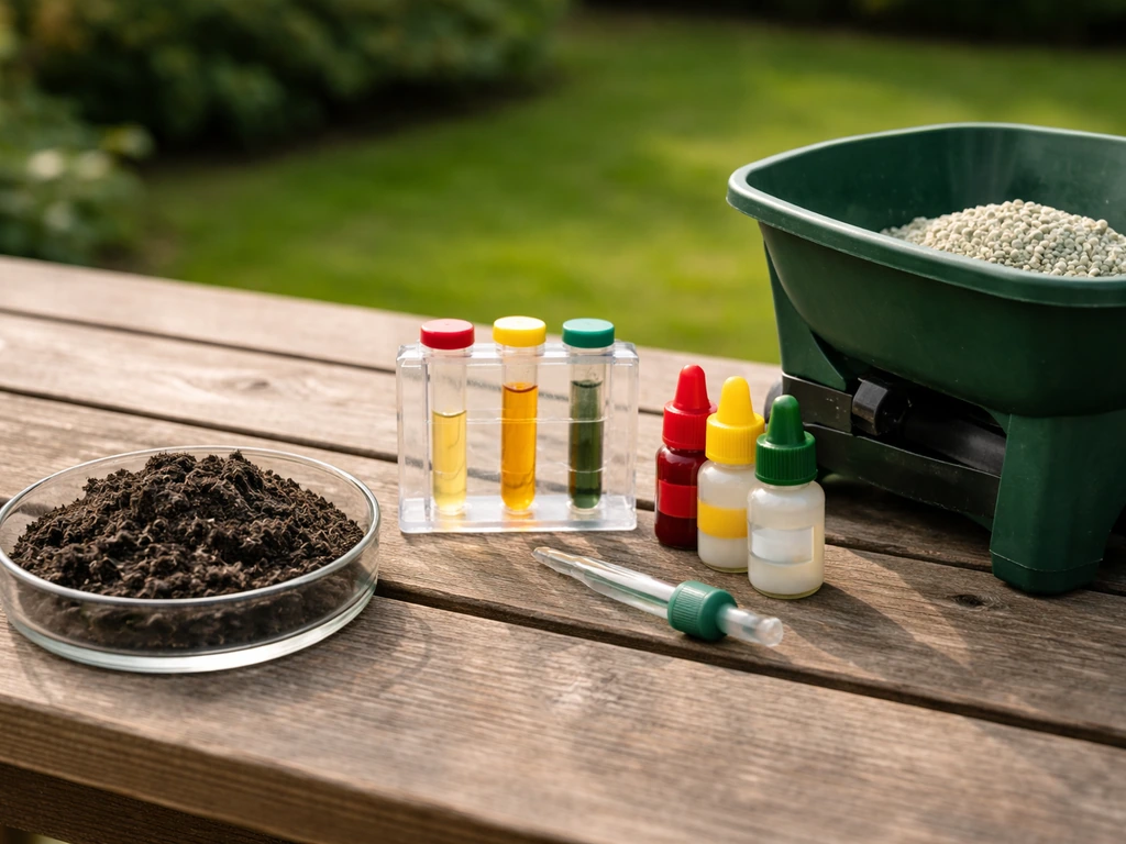 pH-testset en grondmonster op tafel naast strooier en gazonmeststof, met zacht zicht op groen gazon.