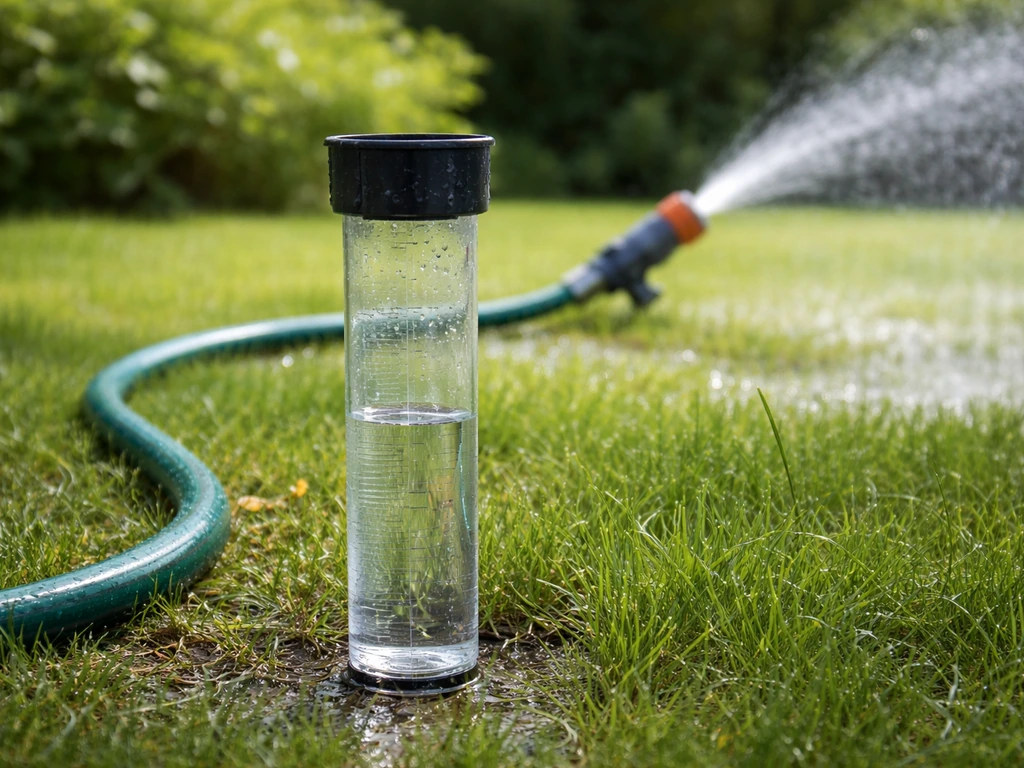 Regenmeter op een gazon tijdens het beregenen, met duidelijke natte grond als meetopstelling