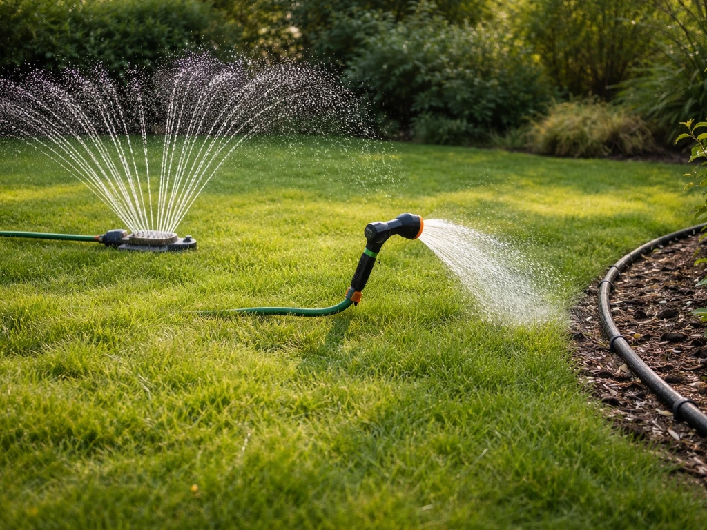 Drie irrigatiemethoden op een grasveld: roterende sproeier, tuinslang-sproeien en druppelirrigatie naast elkaar.