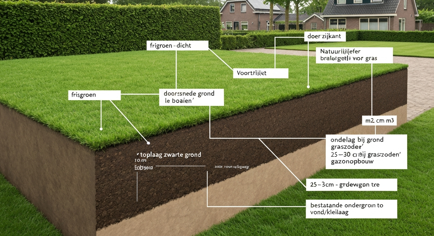 Fotorealistische weergave van een nieuw gazon met bodemdoorsnede die 10 cm zwarte grond en 25–30 cm gazonopbouw toont; meetlint en kruiwagen voor schaal. Achtertuin in Nederlandse woonwijk.