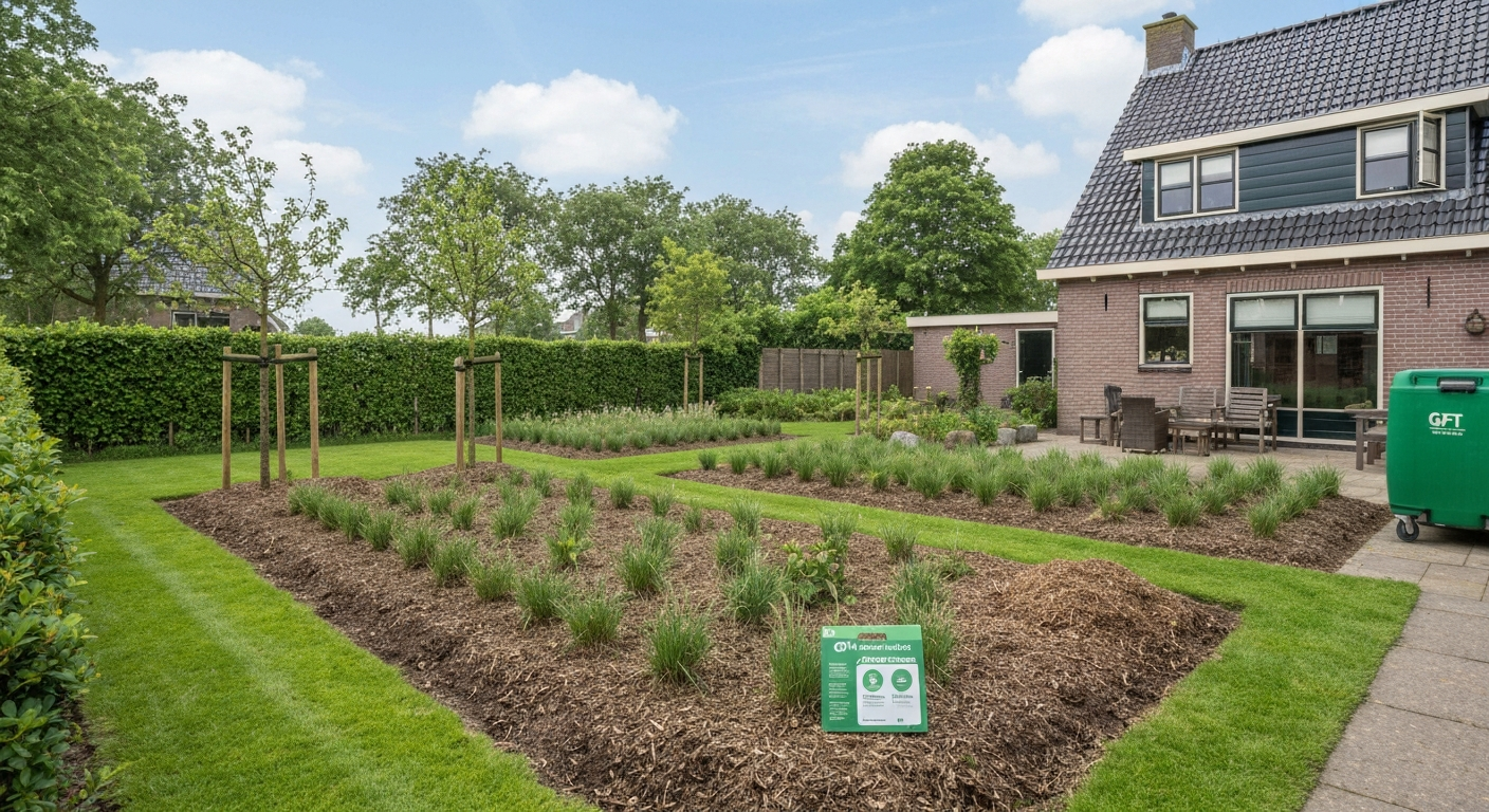 Lichte luchtfoto van een Nederlandse achtertuin met vers gemaaid gras dat als dunne mulch op het gazon ligt; hark en GFT-container zichtbaar.