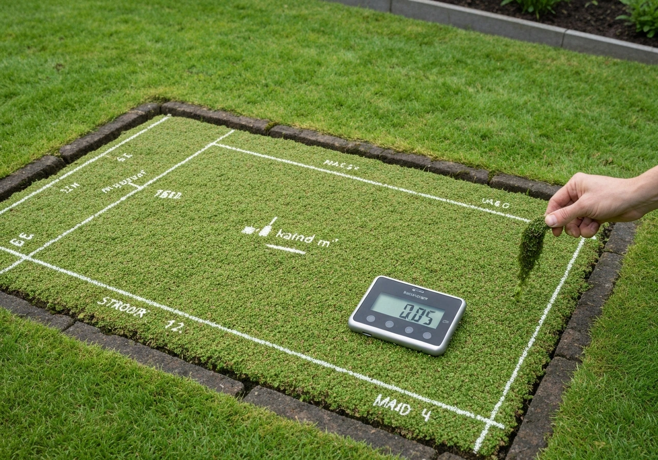 Afgebakend stukje gras met strooimarkeringen en maatbeker/weegschaal om dosering per m² te tonen.