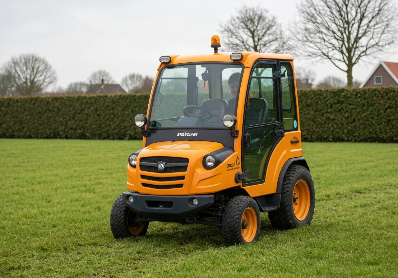 Een strooiwagen die een gazon gelijkmatig bemest, in rijen met zorgvuldig verdeeld gras en natuurlijke lichtval.