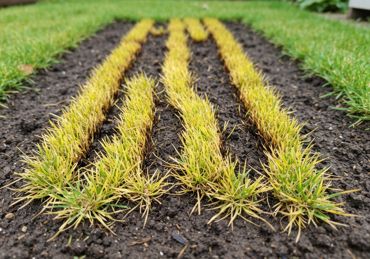 Geel- en bruine uitgedroogde stroken in het gras na bemesting, met natte grond eromheen.