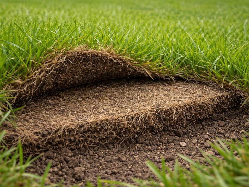 Close-up van een gazon met een sponsachtige viltlaag tussen groen gras en bodem