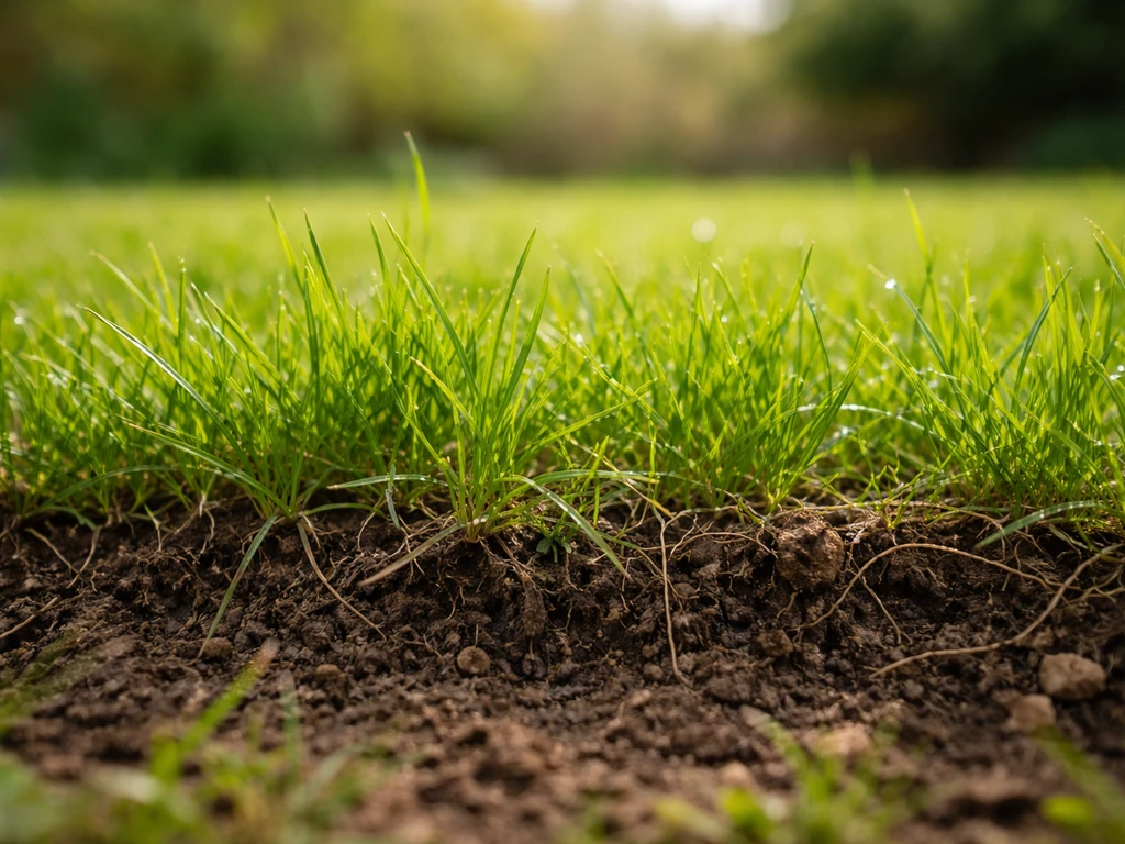 Vroeg lentegazon met vers groen gras en licht zicht op de bodem—geschikt moment voor verticuteren.