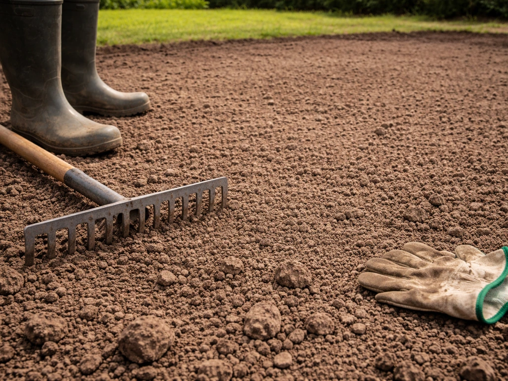 Losgemaakte, strak geharkte grond in een tuin, zaai-klaar oppervlak voor graszaad inzaaien.