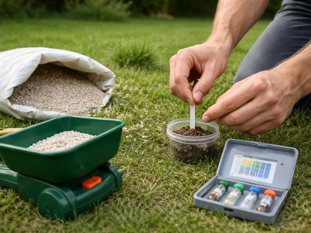 Handen testen de pH van grond en strooien kalk/bemestingkorrels op een gazon in de tuin.