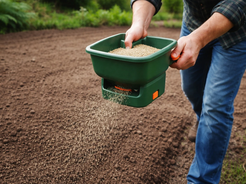 Handen strooien graszaad gelijkmatig met een strooier over net geharkte, voorbereide tuinbodem.