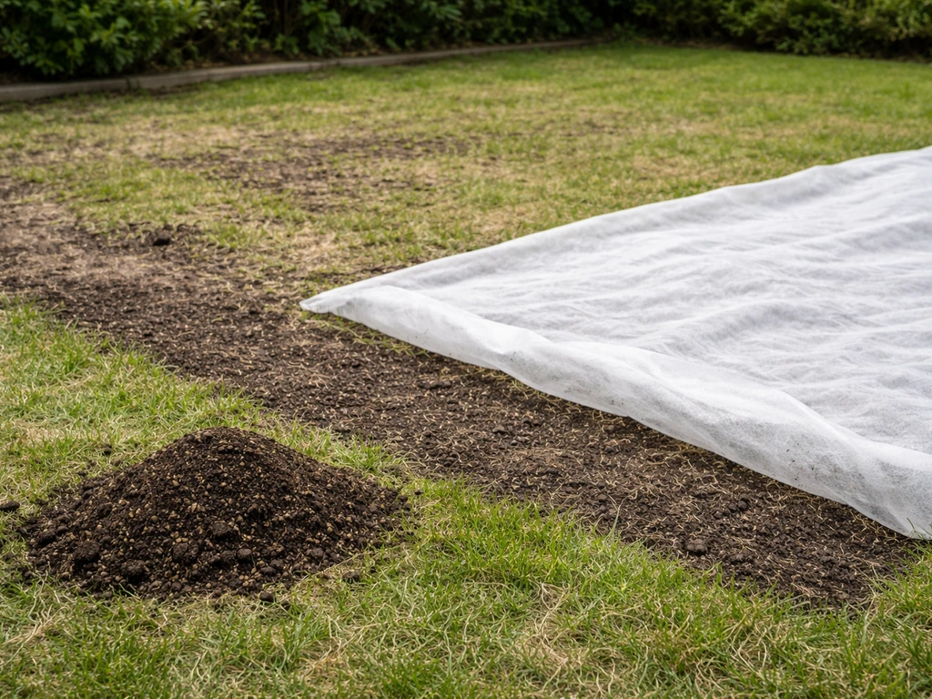 Kale plekken in een pas ingezaaid gazon met herinzaai-materiaal en afdekmateriaal voor herstel.