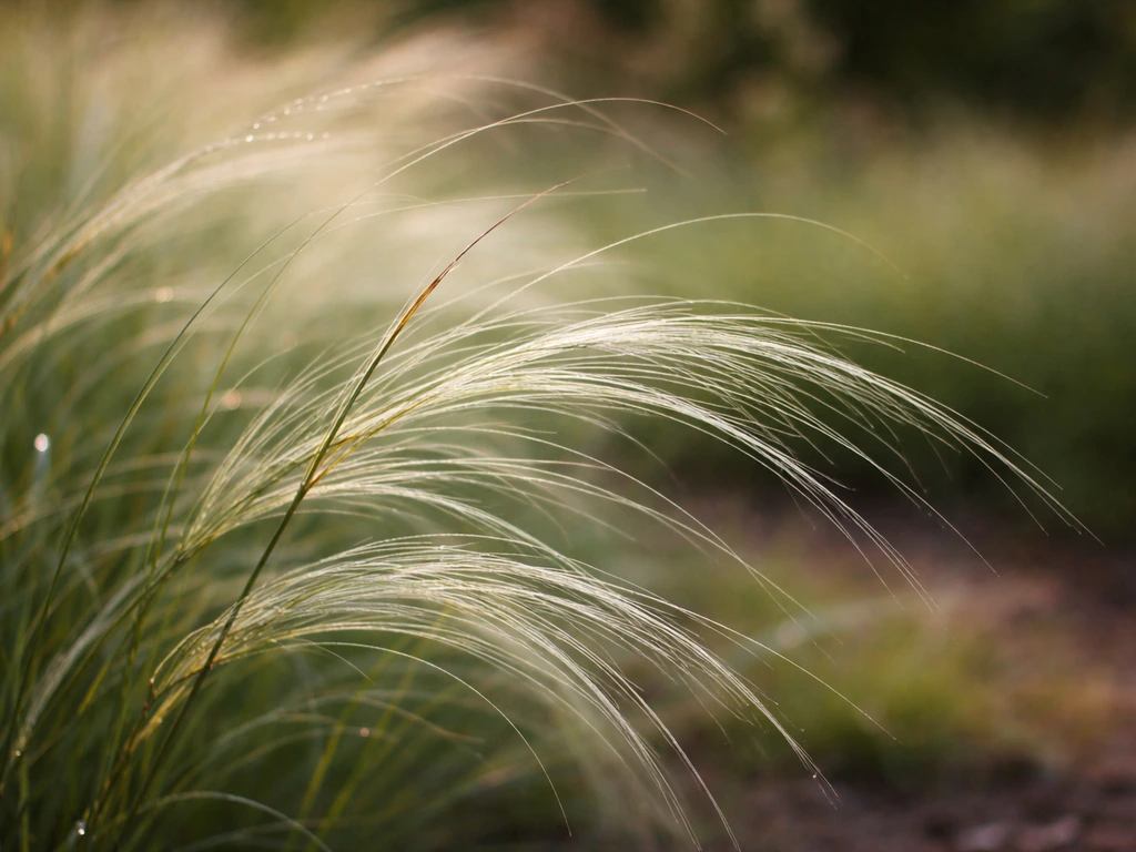 Close-up van fijn espartogras (Stipa) met haarvormige bladeren in natuurlijk licht