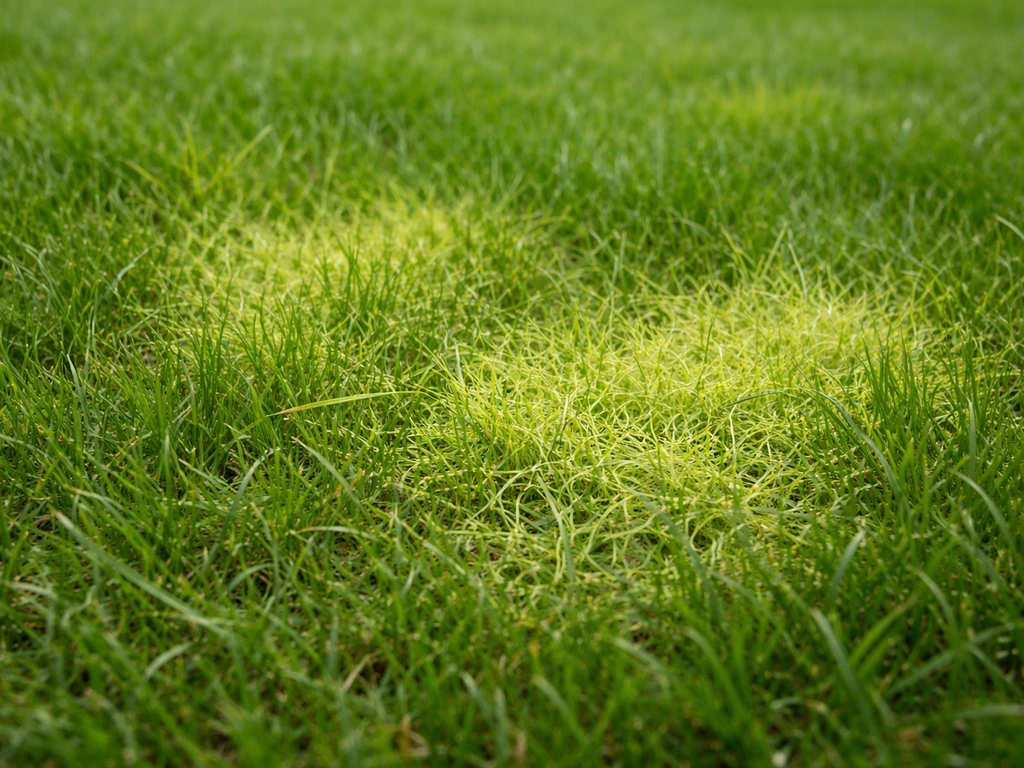 Lichtgroene tot geelgroene vlekken met matvormende grasgroei (Poa trivialis) in een gazon.