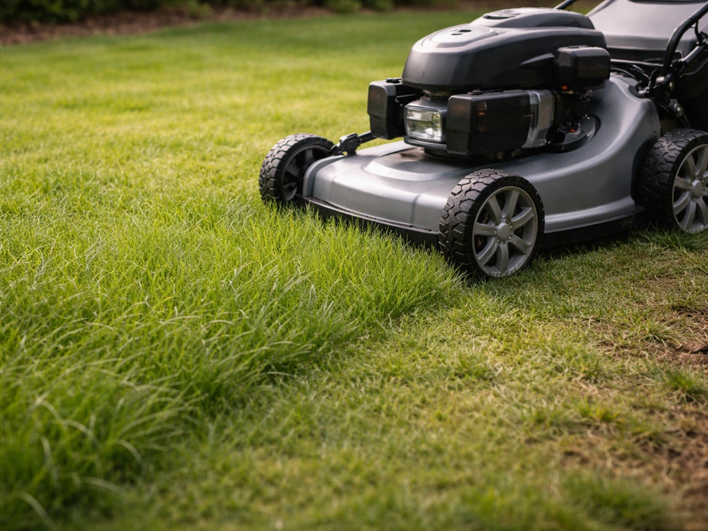 Grasmaaier en maaihoogte in beeld op een gazon met Poa trivialis, vroeg in het seizoen