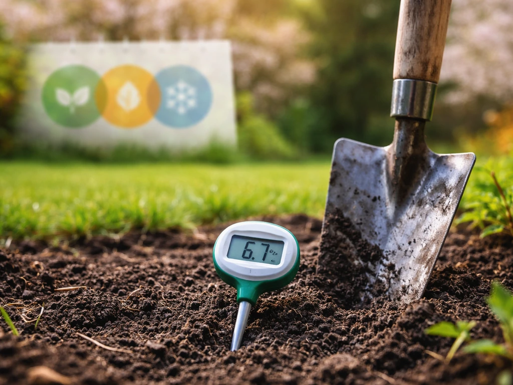 Thermometer op een tuinschep boven donkere tuingrond met zachte seizoenshint voor gras-inzaaien timing.