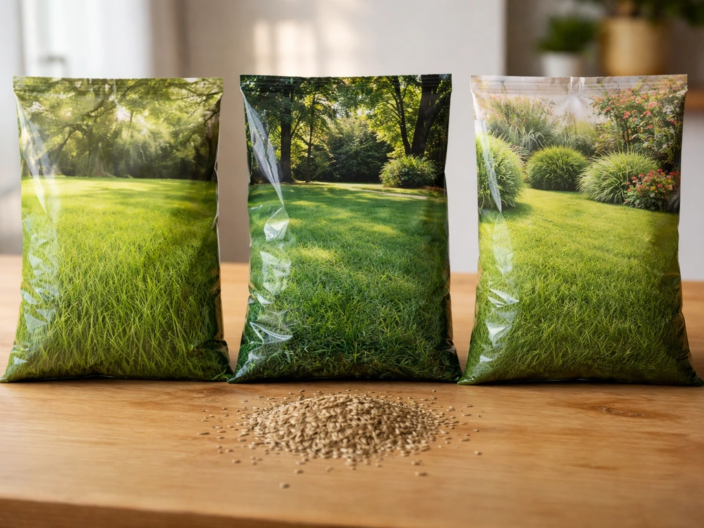 Close-up van meerdere zakken graszaad met verschillende soorten naast elkaar op een houten tafel.