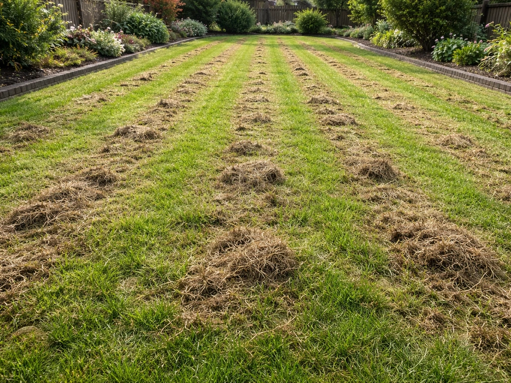 Vers verticuteerd gazon met zichtbare viltresten in banen en fris groen gras, klaar voor nazorg