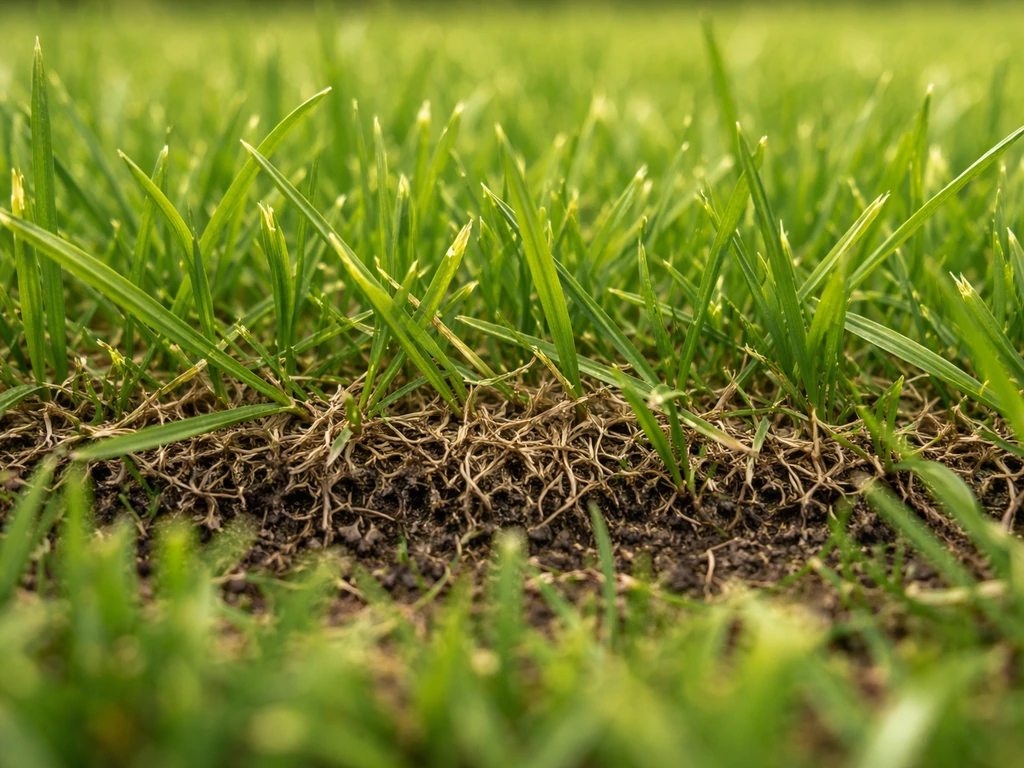Close-up van een gazon met zichtbare viltlaag; zachte, sponsachtige grasmat die duidt op verticuteren.