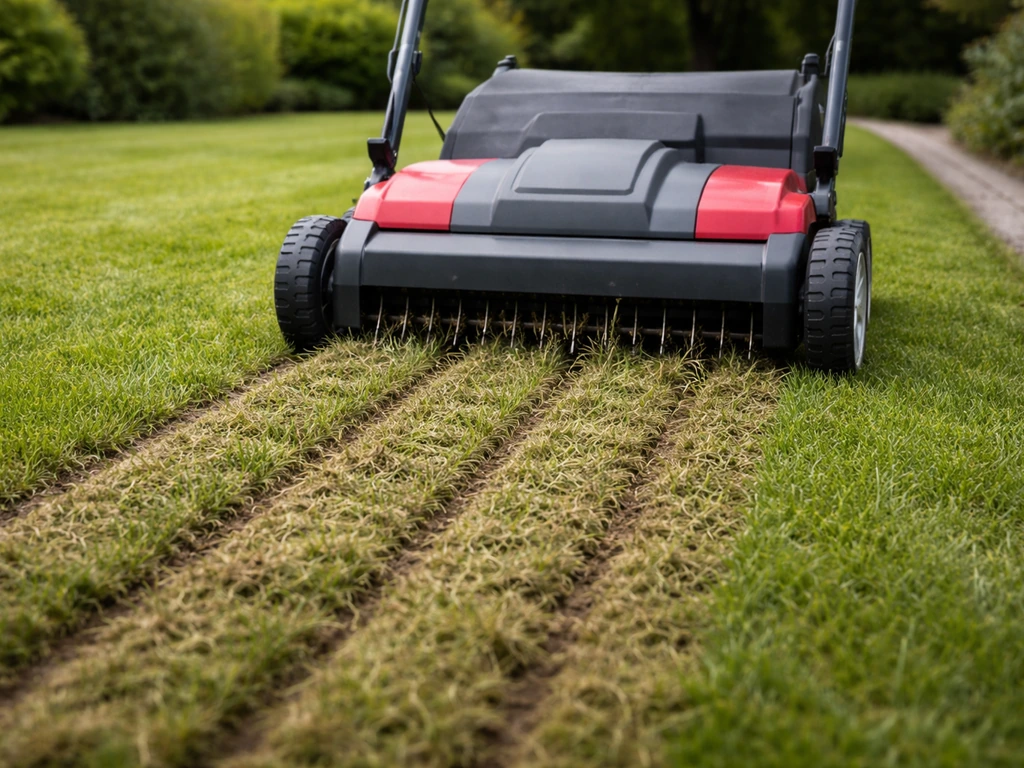 Verticuteermachine trekt banen in het gazon langs de langste zijde met duidelijke overlap tussen de stroken.