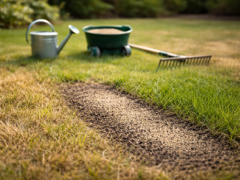 Deels geel gazon op zand met vers gezaaid herstelplekje, gieter en handstrooier op de achtergrond.