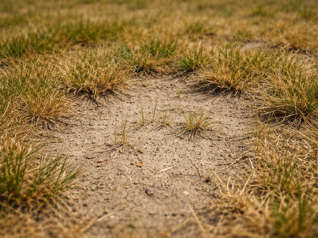Geel en schraal gazon op zandgrond met een duidelijk, kaal probleemplekje en kleine sprietjes gras.