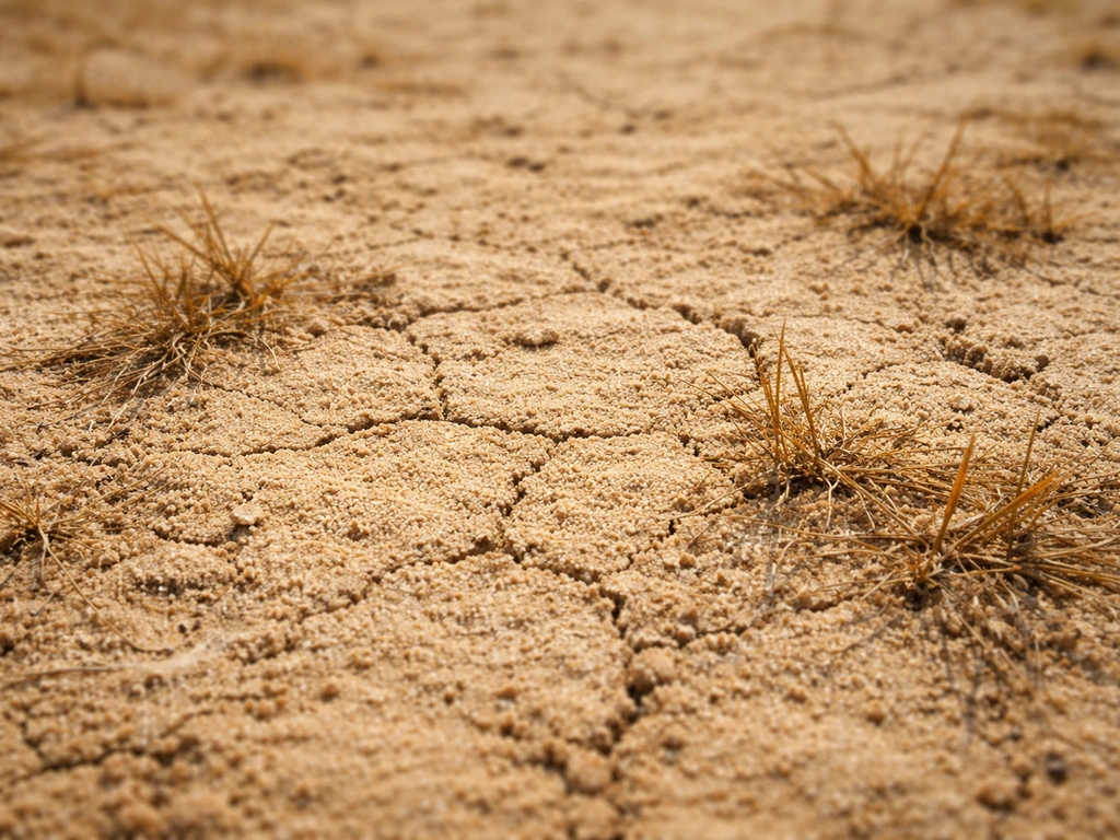Close-up van kruimelig, uitgedroogd zand met kleine barstjes en verdorde grassprietjes.
