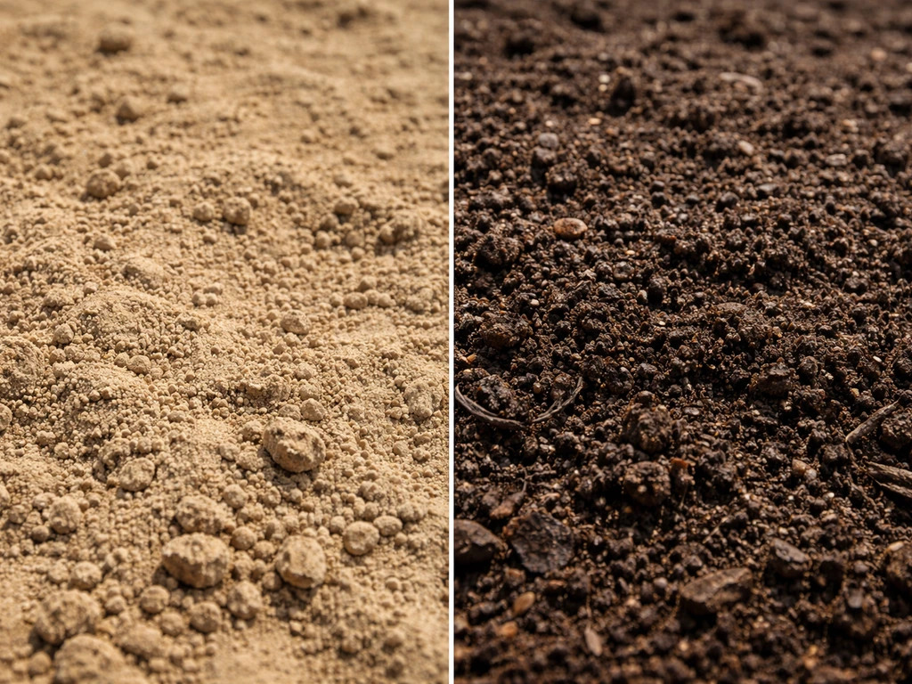 Linker helft zandgrond zonder organische laag, rechter helft kruimelige donkere topgrond met compost; duidelijke bodemte