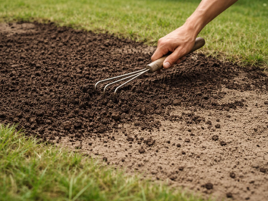Rijpe compost wordt dun over een zandig gazon verdeeld en licht ingewerkt voor betere bodemstructuur.