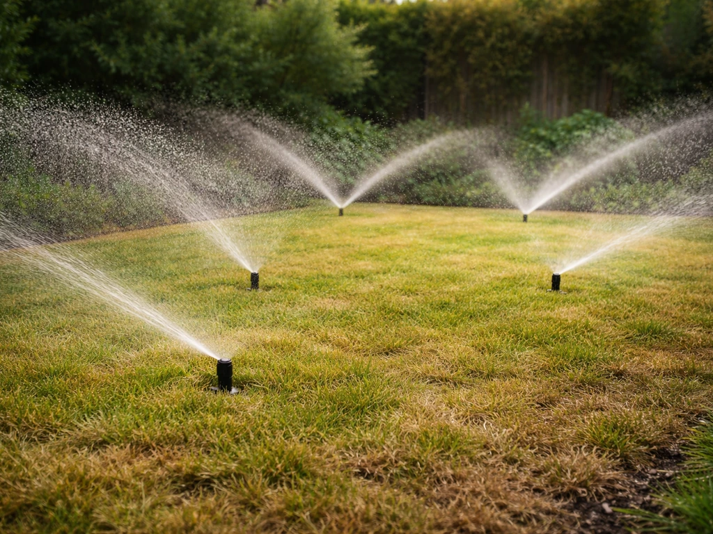 Sproeiers beregenen een gazon gelijkmatig, met waterstralen die het gras zichtbaar bereiken.