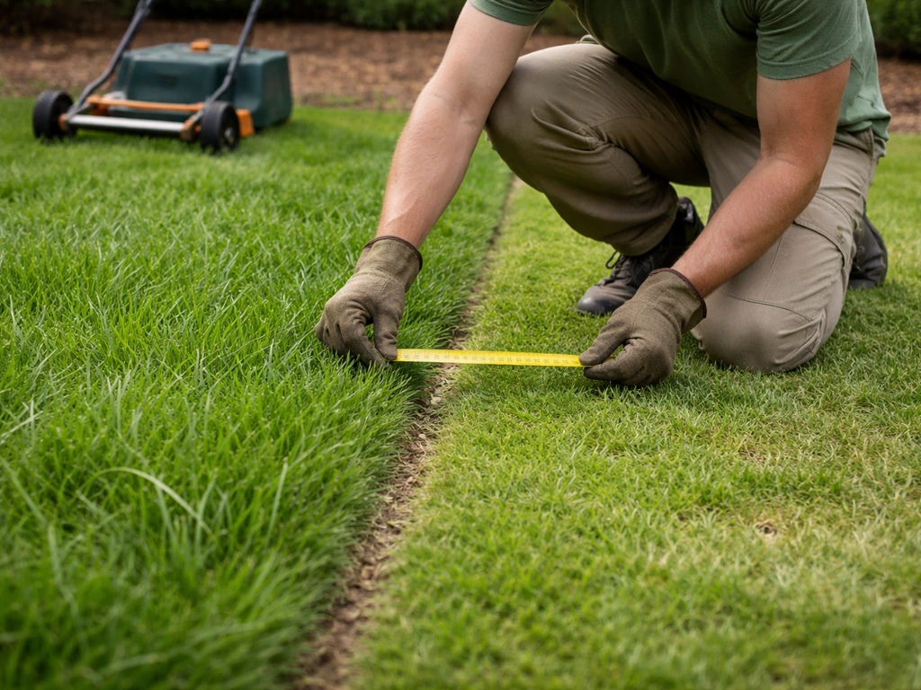 Tuinman checkt maaihoogte met meetlint bij twee graszones: siergras en gebruiksgras.