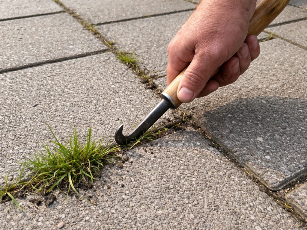 Hand met voegenkrabber haalt groen gras uit een smalle voeg tussen grijze tegels.