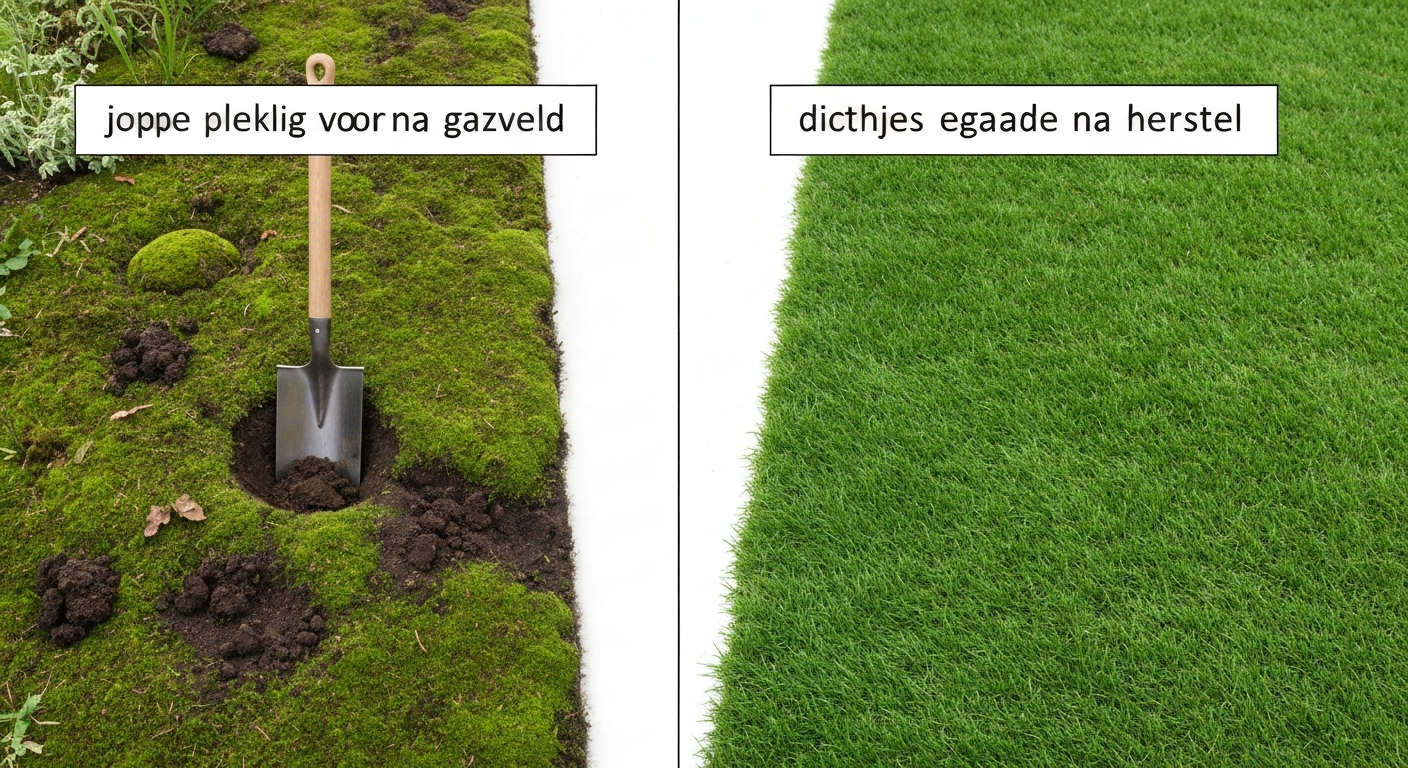 Voor-en-na vergelijking van een verwaarloosd ('joppe') grasveld en hetzelfde grasveld na herstel, in een Nederlandse tuin, vanuit schuin bovenaanzicht