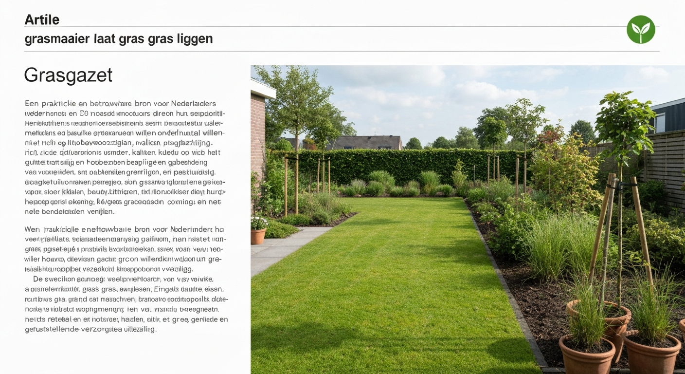 Net gemaaid gazon met fijn verspreide grassnippers en maaier op de achtergrond, Nederlandse achtertuin.