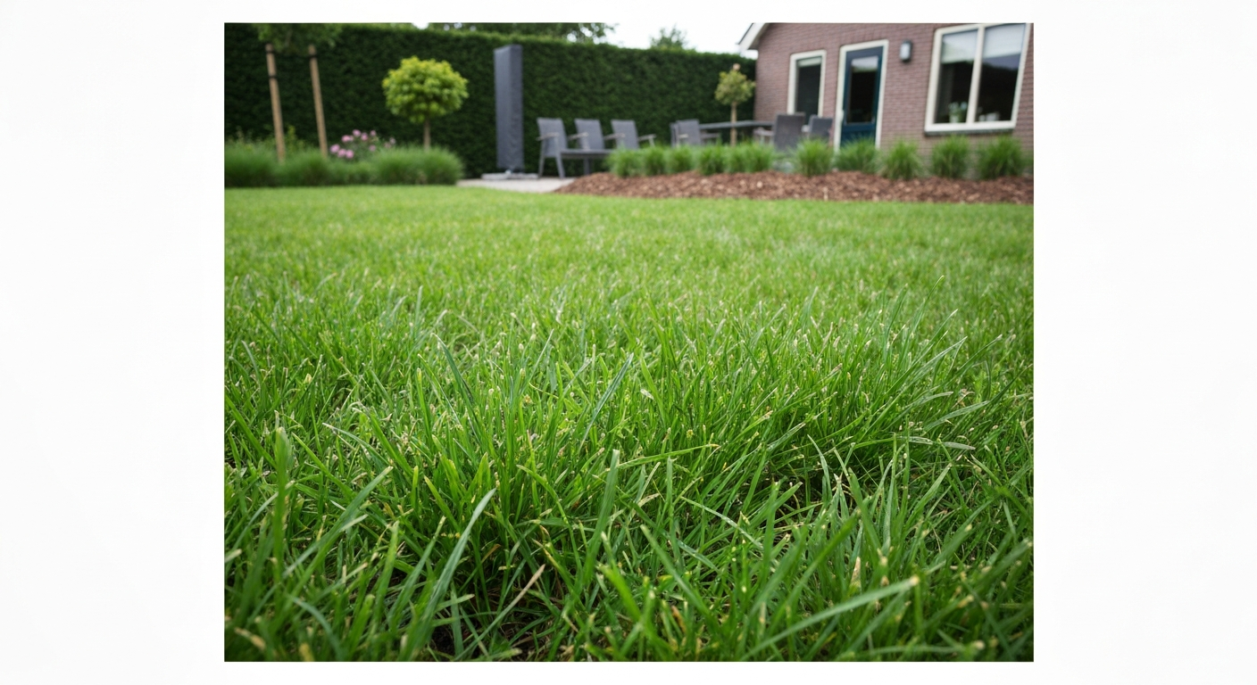 Net gemaaid Nederlands gazon met fijne grasklippers die tussen het gras liggen; mulchend resultaat, duwmaaier op de achtergrond.