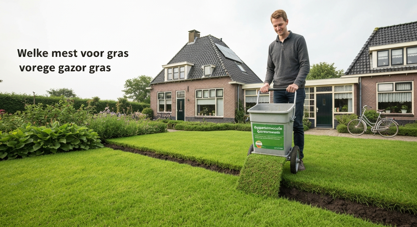 Gezond Nederlands gazon waarbij iemand met strooiwagen gazonmest strooit