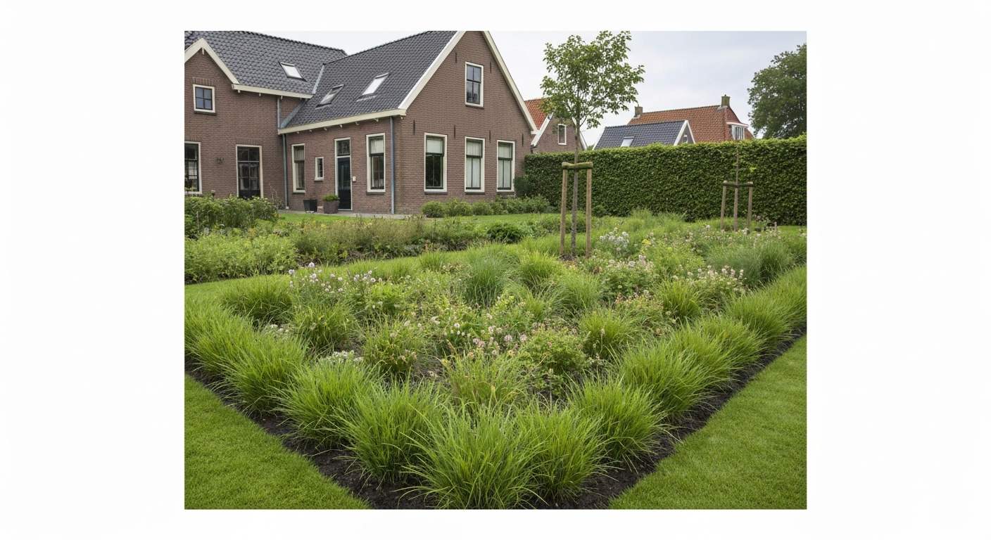 Natuurlijk gazon in een Nederlandse achtertuin met tuingereedschap op de rand; gezonde mix van grassoorten.