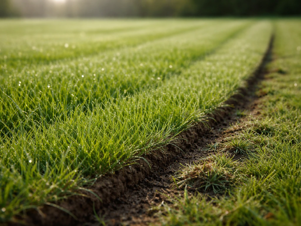Frisgroene grasmat in het vroege voorjaar met zichtbare verse maairanden en jonge spruiten.