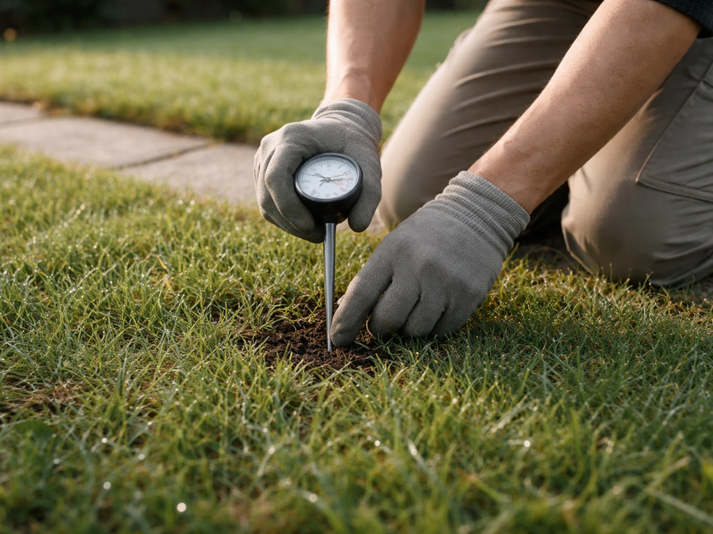 Iemand meet de bodemtemperatuur in het gazon met een bodemthermometer, met dauw op het gras.