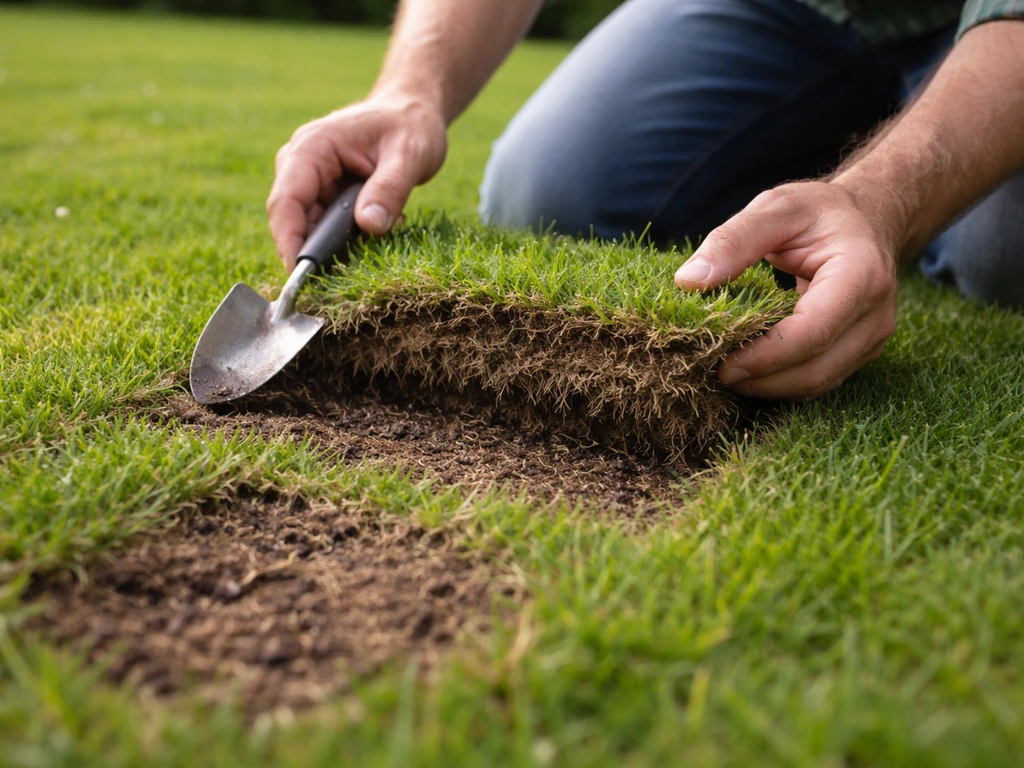 Tuinier schept een klein grondmonster uit een vakje om de viltlaag onder het gras te beoordelen